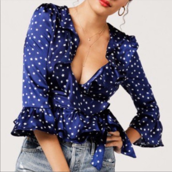 étophe studios blue star print ruffle wrap top - Picture 4 of 5